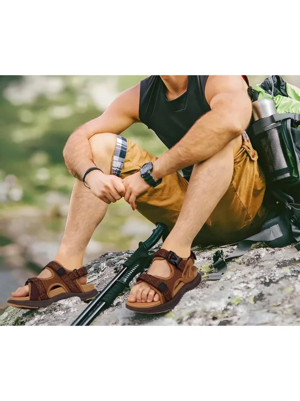 Men's Khaki Arch Support Mesh Athletic Thick Rubber Soles Hiking Sandal Shoes